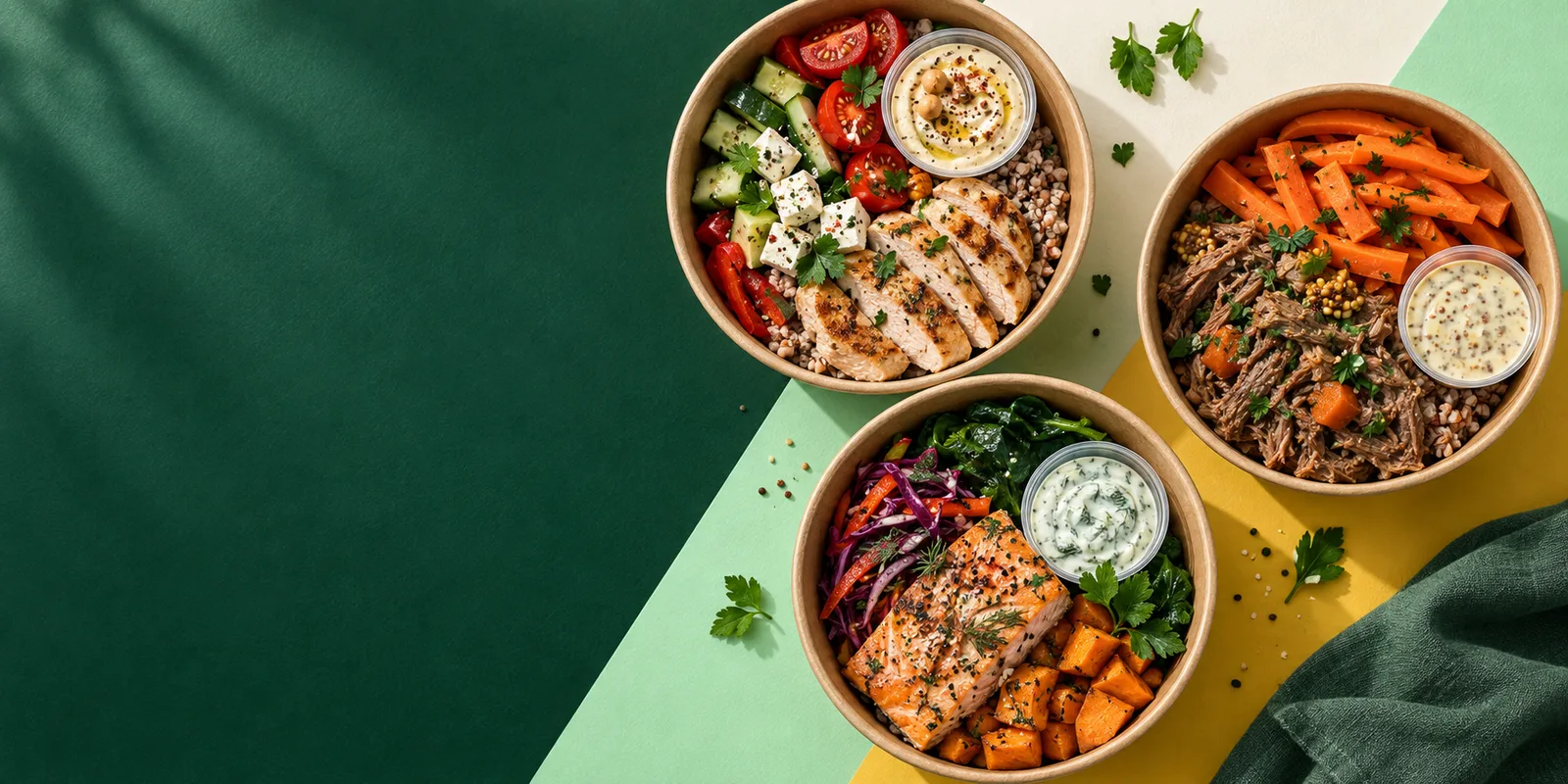 Three prepared meal plans with different calories and macro balance