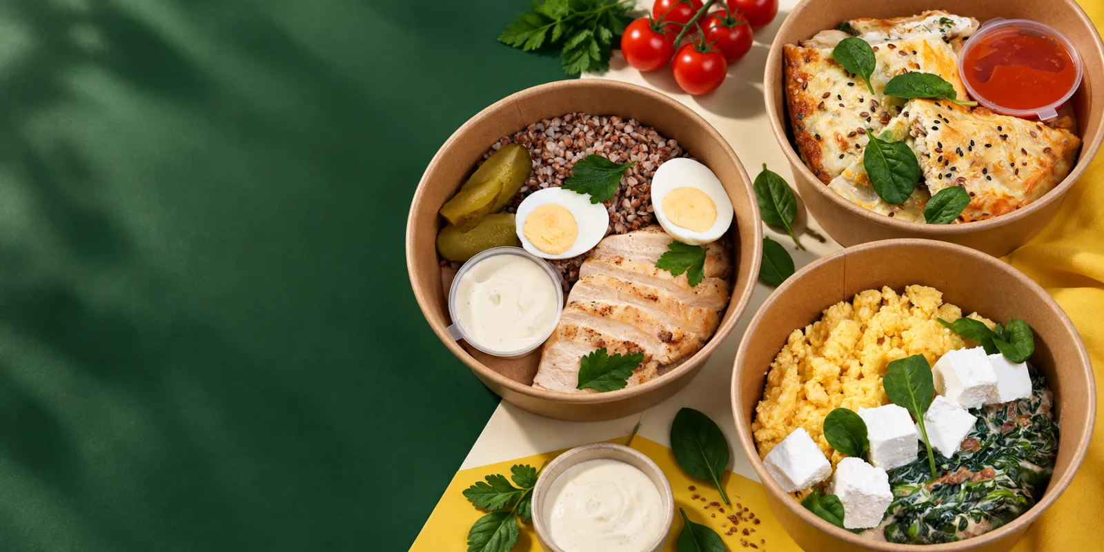Prepared muscle gain meal plans with protein, grains, eggs and vegetables