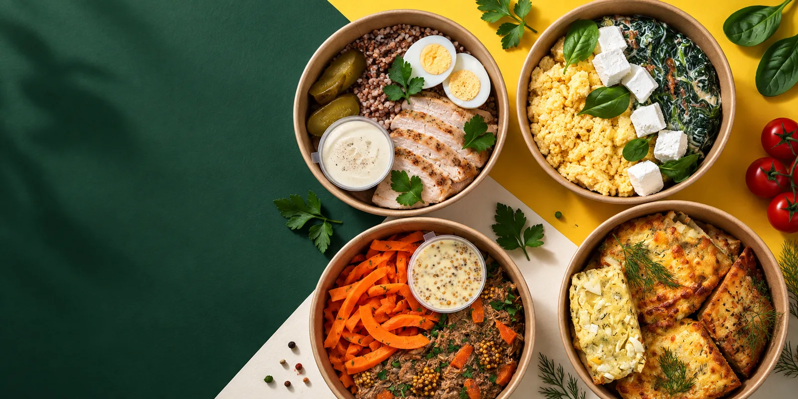 Готові збалансовані страви Fix Body Food на зеленому та жовтому фоні